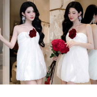 Váy Cúp Ngực Màu Trắng Đính Hoa Cổ KANGSOOSTORE, Váy Thiết Kế Chất Liệu Tơ Phối Tafta Đẹp Sexy Quyến Rũ VSK87211 SH5121