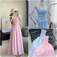 Váy Cúp Nguc Maxi Bo Chun Nơ Trước Dáng Xoè 2 Lớp - Đầm Đi Biển Dáng Dài