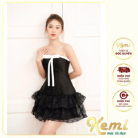Váy cúp ngực viền nơ ngực chân tơ đầm xòe 2 tầng Kemi phong cách nhẹ nhàng năng động xinh xuất sắc