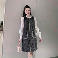 Váy dạ bầu thu đông phối tay voan 2 túi