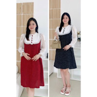 Váy dạ bầu thu đông phối trắng bèo cổ tiểu thư