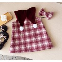 Váy dạ caro cổ quả bông kèm nơ cho bé gái