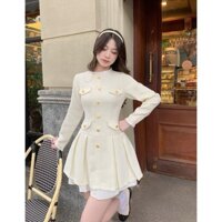 Váy dạ đính khuy dáng chân váy xếp ly họa tiết cổ bèo mặc tết, noel, sinh nhật