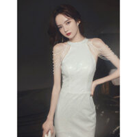 Váy dạ hội đính cườm màu trắng Váy nữ 2024 Phong cách mới Tính khí Vai Viền Đuôi cá Cao cấp Ánh sáng sang trọng Niche Chủ tiệc