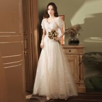 Váy dạ hội phong cách Pháp SvA cho phụ nữ, váy dài cao cấp thanh lịch với tay ngắn, váy dạ hội mỏng màu champagne cho mùa hè