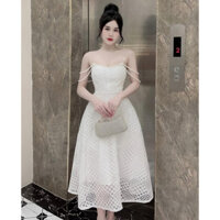 Váy Dạ Hội Trắng Ren 2 Dây Phối Ngọc Trễ Vai Xinh Xắn Phối Ren Hoa Nỗi, Váy Thiết Kế Dự Tiệc, Siêu Dễ Thương Sang Chảnh