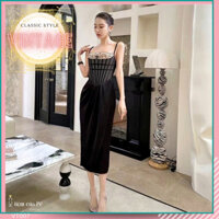 Váy dạ tiệc body Corset phong cách Vintage, ngực phối bèo tầng, chân váy vạt xéo chất lụa, thời trang thiết kế by Pê