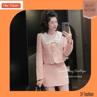 Váy dạ tweed nữ, set dạ nữ màu hồng đào phối chân váy chữ A (HÀNG CÓ SẴN)
