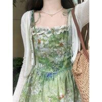 Váy Dài Hai Dây Cột Nơ Hoa Lá Tươi Mát, Áo Cardigan Dài Tay Phong Cách Hàn Quốc Mẫu Mới Cao Cấp