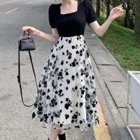 Váy dài hoa PIXELPOW, Váy chữ A tay phồng hoa, Thời trang chắp vá Váy bạn gái Váy dạ hội Váy ngắn tay nữ / bé gái