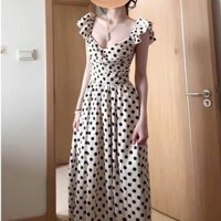 Váy dài khí chất ngọt ngào và cay cổ điển kiểu Pháp, váy liền hai dây tay bay thon gọn eo chấm bi hở lưng mùa hè cho nữ Vận chuyển nhanh