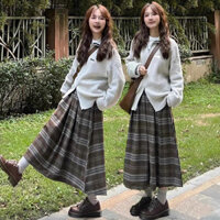 Váy dài nửa thân phong cách lười biếng cho sinh viên, phong cách nữ cao cấp, phong cách Hồng Kông, váy dài cho cô gái ngọt ngào, cạp cao, kẻ sọc, dài vừa phải YIJ9