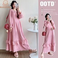 Váy dài tay bà bầu Hellobaby Màu hồng dài hoang dã xù cổ tròn ngọt ngào và rộng rãi