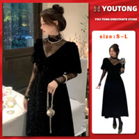 Váy dài tay nhung khâu ren đen Váy dài chữ A giảm béo ngọt ngào