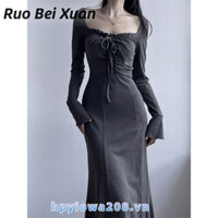 Váy dài tay nữ mùa thu đông thon gọn vừa vặn váy dài đuôi cá quấn hông