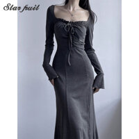 Váy dài tay nữ mùa thu đông thon gọn vừa vặn váy dài đuôi cá quấn hông