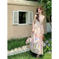 Váy dài Váy yếm Váy hoa nhí Đầm dây hoa retro Pháp cho phụ nữ đầm dài thanh lịch mùa hè