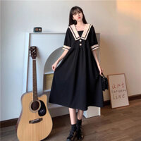 Váy Đầm Bầu Cao Cấp Cổ Thuỷ Thủ Kẻ Phối Cúc Viền Tay Dáng Dài Trẻ Trung Nữ Tính 🌸Hàng Quảng Châu