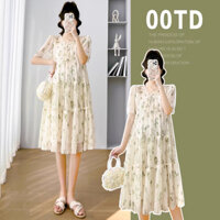 Váy Đầm Bầu Cao Cấp Voan Hoa Xếp Ly Tầng Cổ Thắt Nơ Dáng Xoè Tiểu Thư Nữ Tính🌸Hàng Quảng Châu