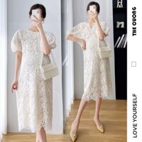 VÁY ĐẦM BẦU CÔNG SỞ DỰ TIỆC DÁNG SUÔNG DÀI C8732 CHẤT LIỆU REN ÉP TAY BỒNG ĐIỆU ĐÀ SANG CHẢNH - ĐẦM VÁY  THANH LỊCH