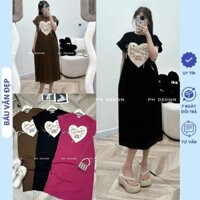 VÁY ĐẦM BẦU TIỂU THƯ XINH CHẤT THUN COTTON MỀM MÁT DÁNG SUÔNG DÀI MIX TRÁI TIM CỰC XINH FREESIZE