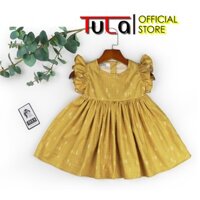 Váy Đầm Bé Gái Màu Vàng Tay Bèo Xòe Vải Thô Cotton Hàn Quốc