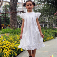 Váy Đầm bé gái Smock Cô Nắng công chúa đuôi cá tay cánh tiên vải thô cotton màu trắng thêu tay phần cổ và gấu váy điệu đ