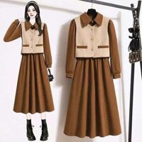 Váy đầm bigsize set áo khoác gile dạ đầm da lộn hàng QC chất đẹp Gọn Bigsize - Thiết kế an toàn, tiện dụng - Nhung, Nữ