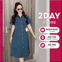 Váy đầm bò jean dáng rộng Oversize chất denim mềm Váy suông dài ngắn tay 2Day