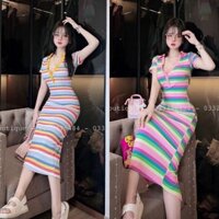 Váy Đầm Body Thun Cổ Bẻ Sọc Tiểu Thư (kèm video)