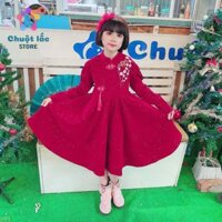 Váy Đầm Cho Bé Gái Đi Chơi Noel, Tết Vải Nhung Tuyết Thêu Hoa Từ 15kg Đến 40kg