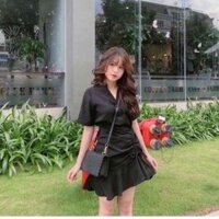 Váy Đầm Cổ Trụ Nhún Eo Bánh Bèo