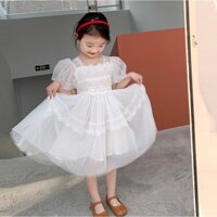 Váy đầm công chúa cho bé gái màu trắng vải voan kiểu tutu ren bồng bềnh từ 8-33kg mã T015