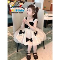 Váy đầm công chúa đính nơ dáng xoè bồng phối ren tiểu thư màu kem cho bé gái