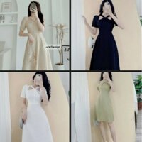 Váy đầm công sở dự tiệc thiết kế cổ yếm đan chéo cao cấp màu trắng đen be