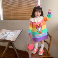 váy Đầm Dài Ngang Gối Cổ Búp Bê Họa Tiết Kẻ Sọc Cầu Vồng Dễ Thương cho bé