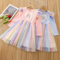 Váy đầm dài tay công chúa Elsa thêu hoạ tiết phối cầu vồng cho bé gái (N00923)