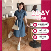 Váy đầm Denim dáng Retro dài suông rộng Váy đầm sơ mi bò jean hàng cúc giữa 2Day
