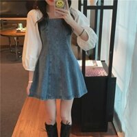 Váy Đầm Denim, Váy Bò Ngắn Dáng Xòe Bánh Bèo Trễ Vai Tay Dài Nữ Thời Trang Hàn Quốc (có sẵn) VB002