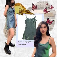 Váy đầm dự tiệc dáng ôm body hai dây màu xanh lá cây hologram vải satin