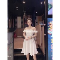 Váy đầm dự tiệc dáng xòe màu trắng đầm công chúa trễ vai chất lụa sang chảnh