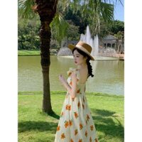 Váy đầm hoa nhí cam tiểu thư M25 cách điệu dáng dài xinh xắn