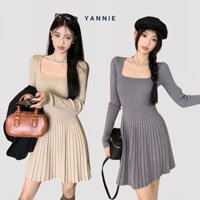 Váy đầm len body dài tay dáng xoè ngắn basic tiểu thư mùa đông Yannie