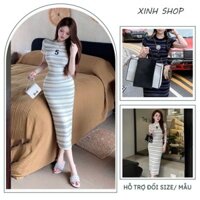 VÁY ĐẦM LEN QUẢNG CHÂU CAO CẤP DÁNG MAXI CỔ TRÒN KẺ NGANG TRẺ TRUNG V891 - VÁY CÔNG SỞ CỘC TAY XINH FREESIZE