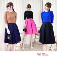 Váy đầm liền thân tay lỡ cổ tròn áo len gần váy xếp ly tùng phồng S77