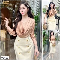 Váy đầm lụa be thiết kế cổ đổ phối chân váy kem bút chì đính hoa vàng sang chảnh quý phái DVC V5482
