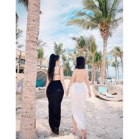 Váy đầm maxi 2 dây đi biển, váy maxi hai dây hở lưng, thiết kế dáng ôm rút dây chéo vạt, maxi đi biển đẹp.