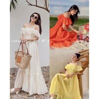 Váy đầm maxi trễ vai dáng dài xoè tay bèo voan tơ che khuyết điểm đi biển du lịch chụp ảnh sang chảnh hàn quốc