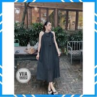 Váy , Đầm Maxy Yếm Buộc Nơ Cổ Chất Đũi Tơ Hai Lớp Thích Hợp Đi Biển, Đi Chơi