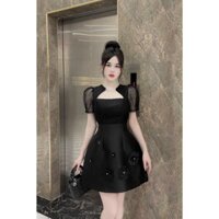 Váy/ đầm ngắn cổ đá lưới, đính hoa ngọc